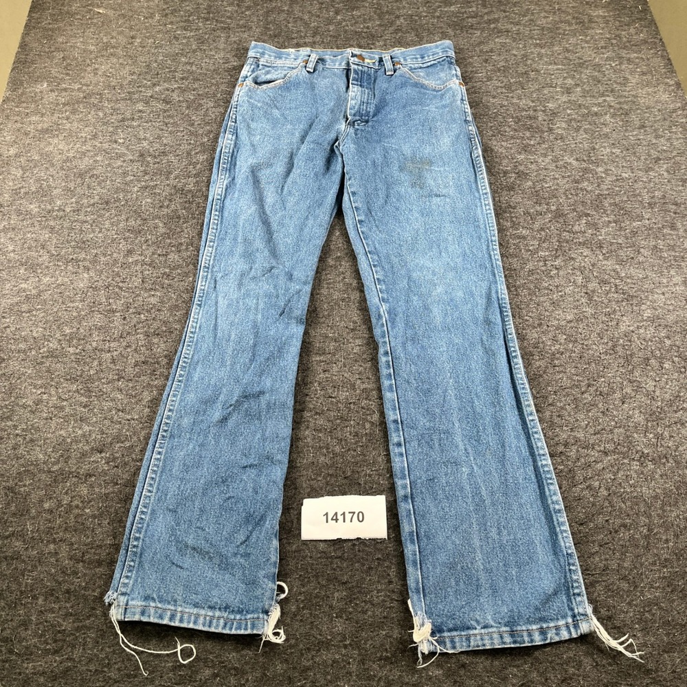 Wrangler Slim Fit Bootcut Jeans Mens 30x32 Blue Denim Cotton Medium Wash Raw Hem